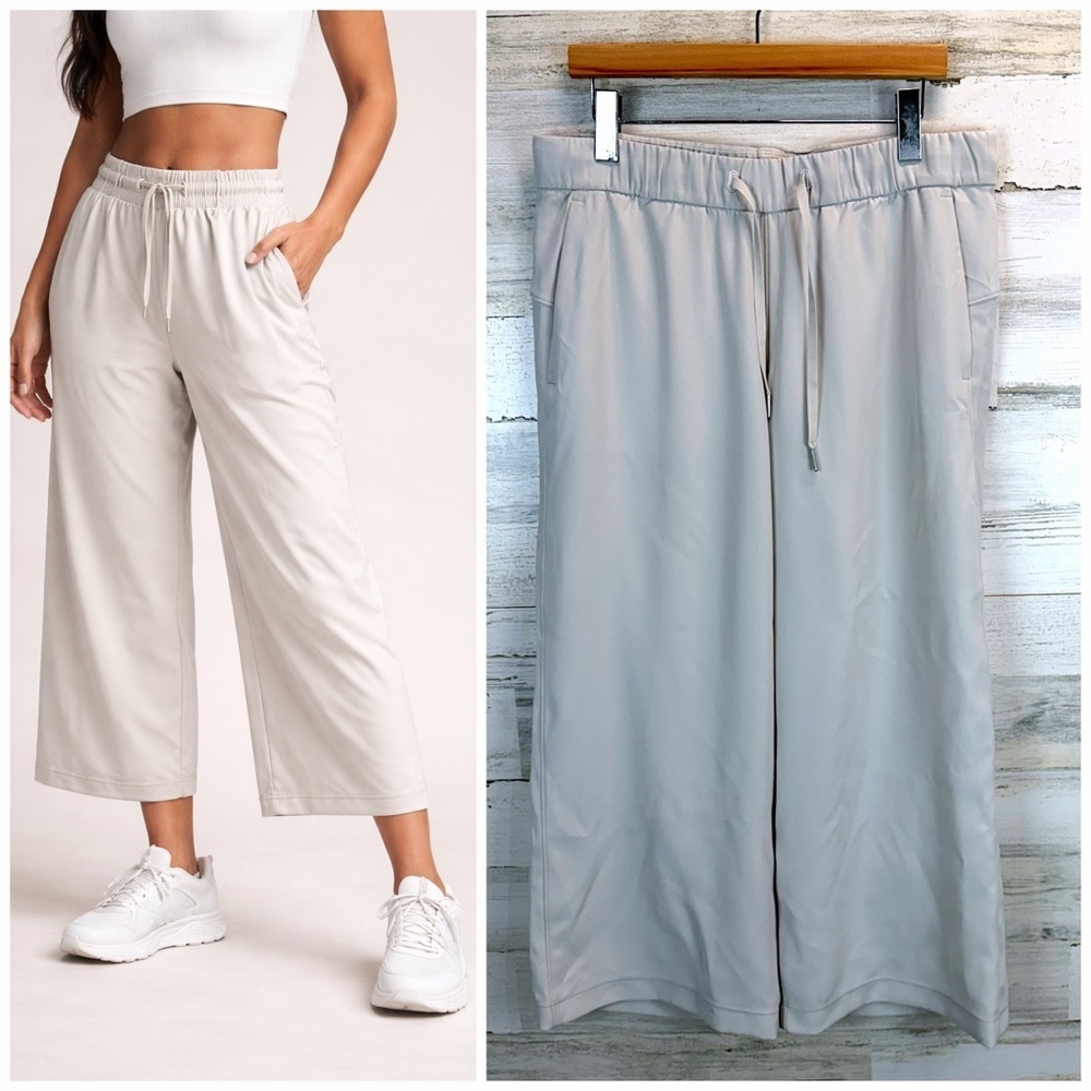 Lululemon On the Fly Wide Leg Cropped Pants 10 Neutral Beige Drawstring